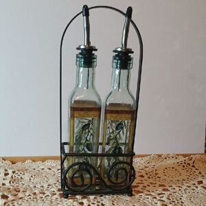 Elegant Black and White Mediterranean Hand Painted Oil And VinegarSet for Dining